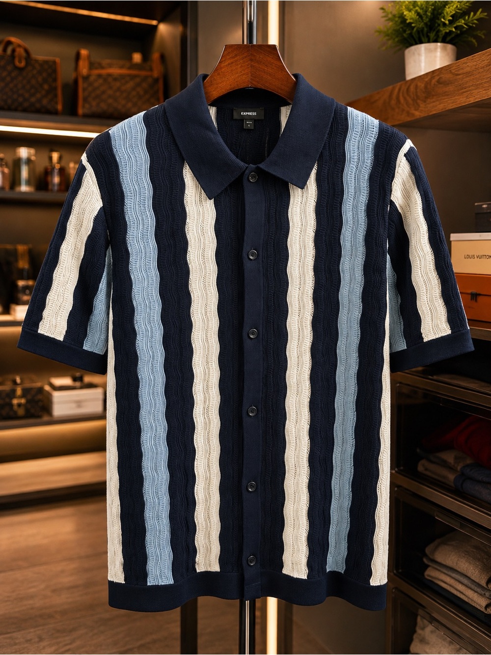 Express Men's Button-Down Short Sleeve Polo - Navy, Light Blue & Cream